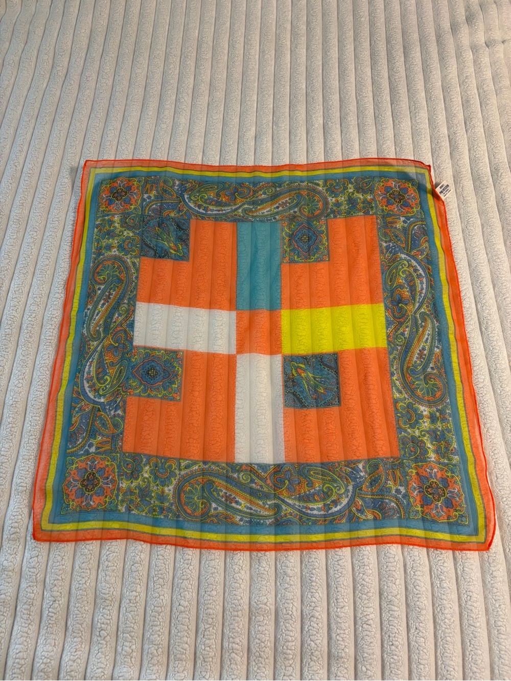 Colorblock Paisley Silk-Feel Scarf in Orange & Blue